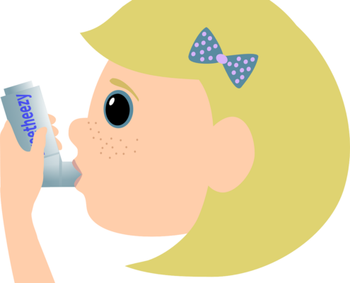 A cartoon rendering of a girl using an inhaler.