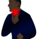 A cartoon rendering of a man with a reddened throat symbolizing throat pain.